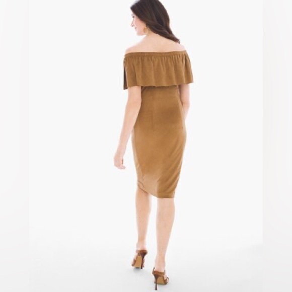 NWT Chico's Ginerbread Brown Off Shoulder Faux-Suede Short Dress - Picture 2 of 7
